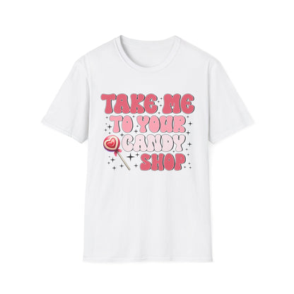 Sweet Retro Candy Shop T-Shirt | Groovy 'Take Me To Your Candy Shop' Tee with Heart Lollipop | Fun & Flirty Pop Culture Vibe