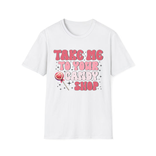 Sweet Retro Candy Shop T-Shirt | Groovy 'Take Me To Your Candy Shop' Tee with Heart Lollipop | Fun & Flirty Pop Culture Vibe