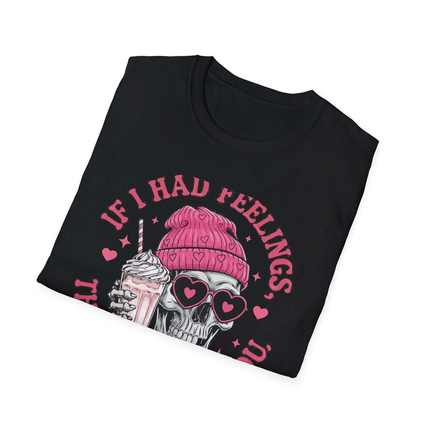 Sassy Skull Feelings T-Shirt - Trendy Pink Beanie & Heart Glasses Milkshake Tee | Funny Anti-Valentine's Edgy Humor Gift