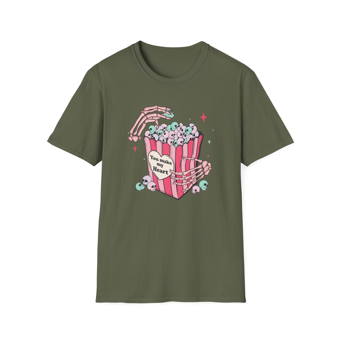 Spooky-Cute 'You Make My Heart' Skull Popcorn T-Shirt - Pastel Goth Love Tee Gift