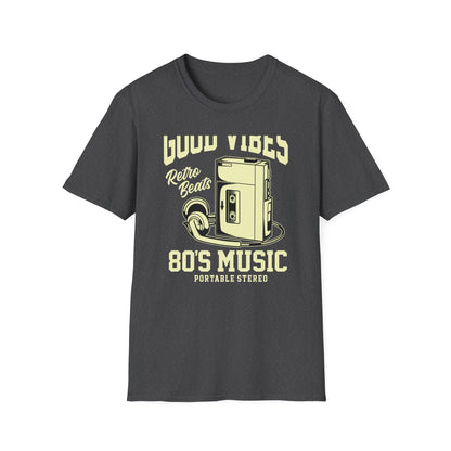 Awesome Retro 80s Music Good Vibes T-Shirt - Vintage Cassette Player & Headphones Tee | Nostalgic Portable Stereo Gift
