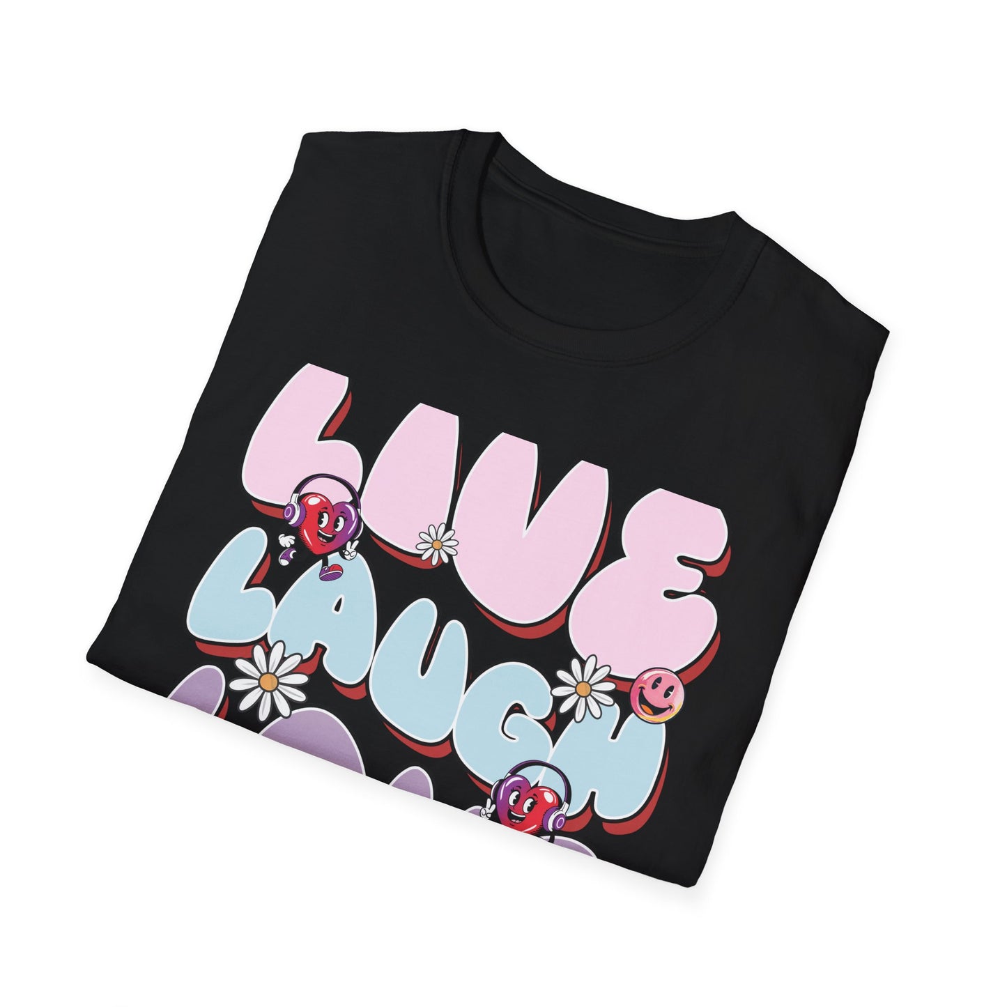 Vibrant Retro Live Laugh Love T-Shirt | Groovy Hearts & Smiley Faces Tee for Positive Vibes