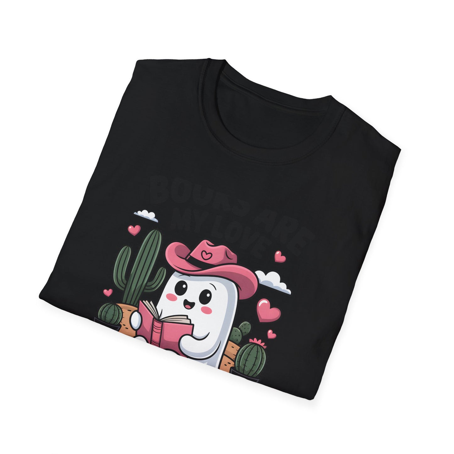 Adorable Reading Ghost T-Shirt | “Books Are My Love Language” Pink Cowboy Ghost Tee | Unique Book Lover Gift