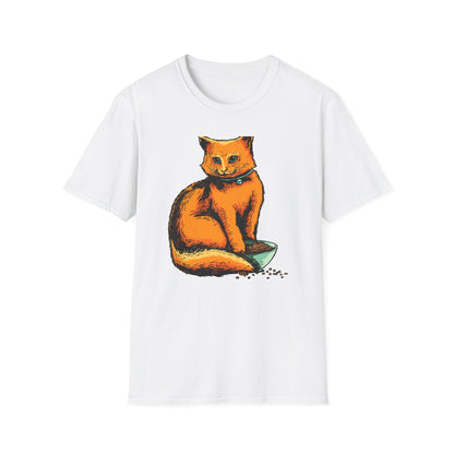 Vibrant Orange Cat & Food Bowl T-Shirt | Adorable Blue-Eyed Feline Lover Tee | Unique Pet Owner Gift Idea