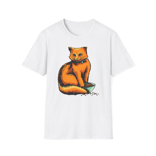 Vibrant Orange Cat & Food Bowl T-Shirt | Adorable Blue-Eyed Feline Lover Tee | Unique Pet Owner Gift Idea