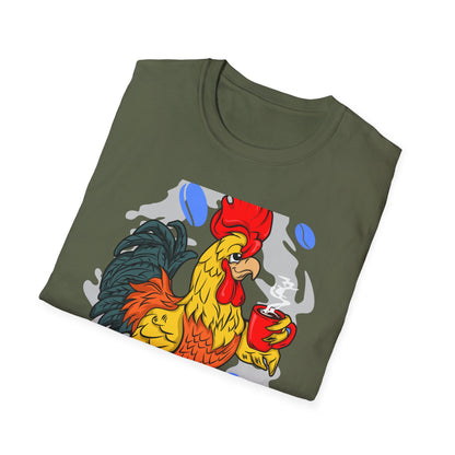 Hilarious Coffee Rooster T-Shirt for Early Birds & Coffee Lovers | Charming Morning Wake-Up Tee with Bunny Slippers | Unique Gift