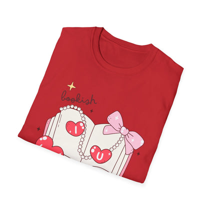 Sweet Bookish Girlie T-Shirt: 'I Love You' Hearts, Pearl Necklace & Pink Bow Design | Perfect Romantic Gift for Book Lovers