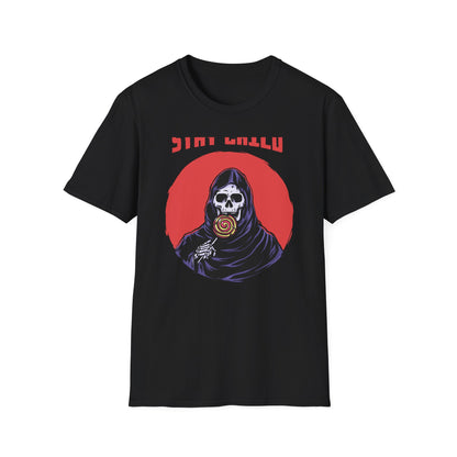 Stay Child Grim Reaper Lollipop T-Shirt | Edgy Skeleton Tee for Dark Humor & Inner Child | Unique & Vibrant Fun