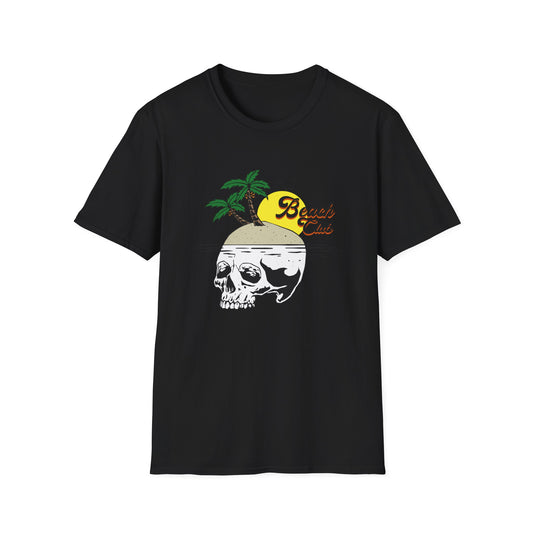 Skull Island Beach Club T-Shirt | Unique Tropical Retro Summer Vacation Tee | Edgy Palm Tree Sunset Graphic