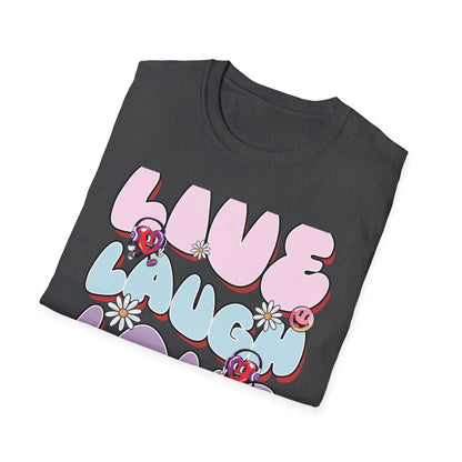 Vibrant Retro Live Laugh Love T-Shirt | Groovy Hearts & Smiley Faces Tee for Positive Vibes