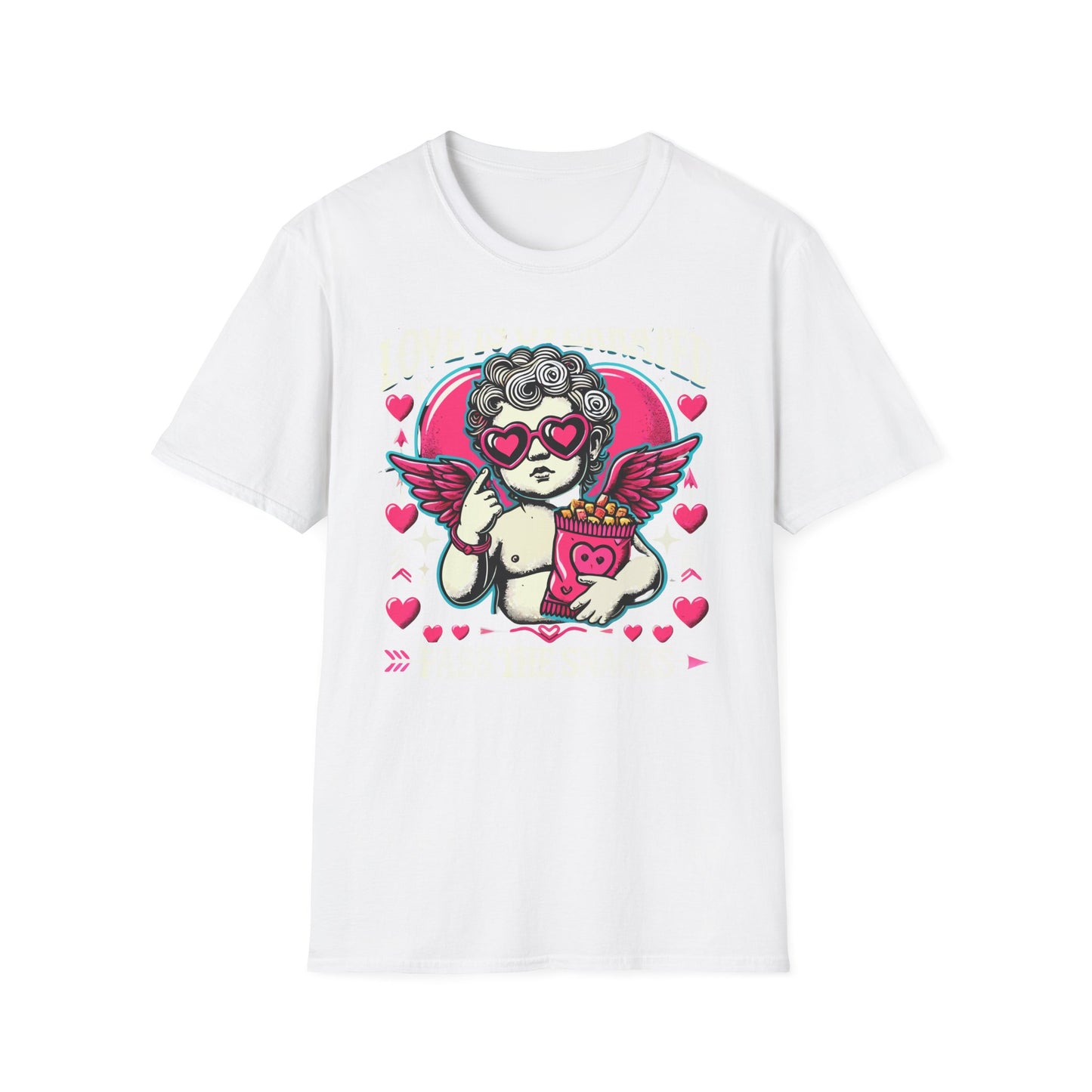 Hilarious 'Love Is Overrated Pass The Snacks' T-Shirt - Anti-Valentine's Day Cupid & Fries Tee. Perfect for Singles & Snack Lovers!