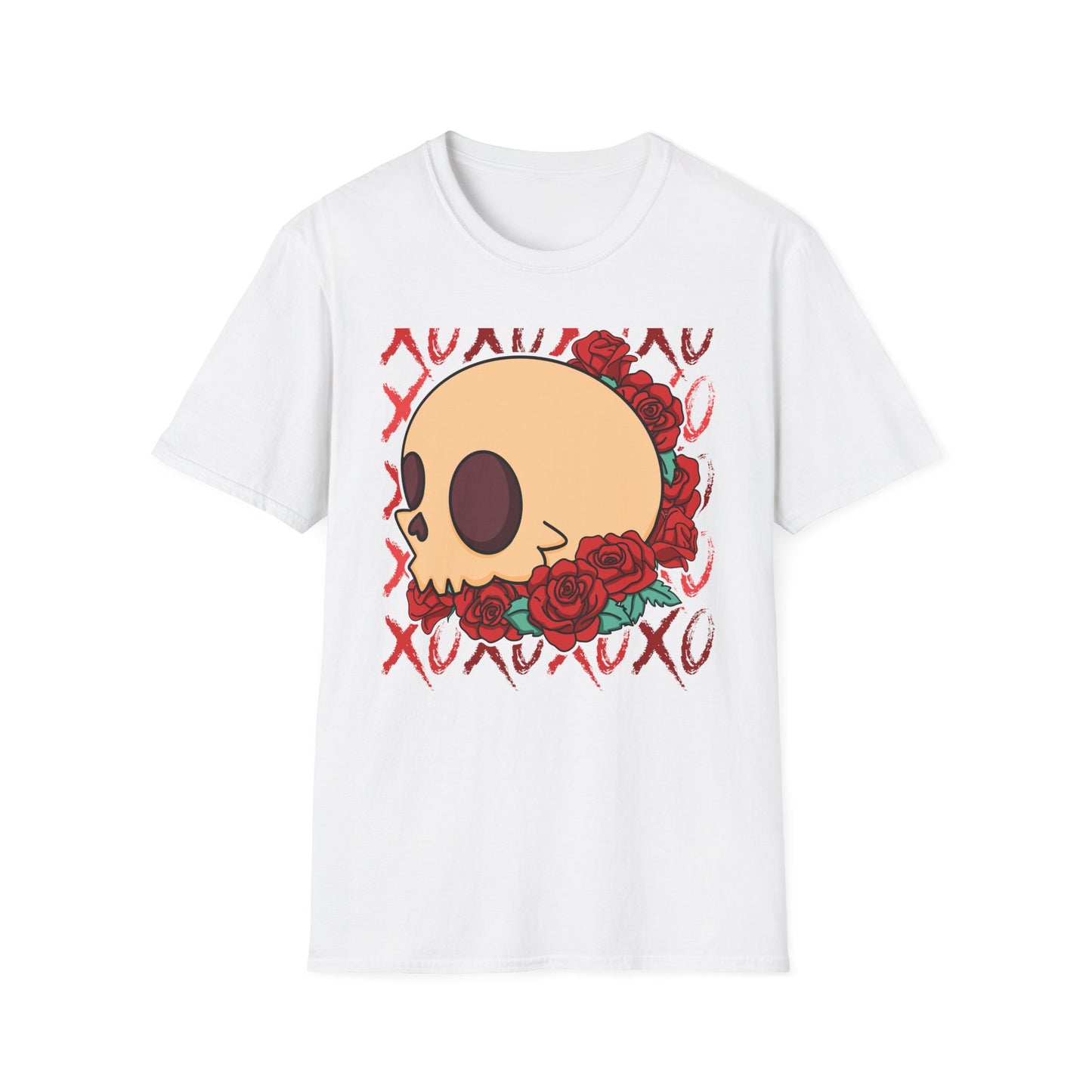 Charming XOXO Skull & Roses T-Shirt | Sweet Gothic Love Tee | Unique Edgy Romantic Print-on-Demand Apparel Gift