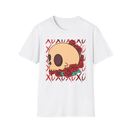 Charming XOXO Skull & Roses T-Shirt | Sweet Gothic Love Tee | Unique Edgy Romantic Print-on-Demand Apparel Gift