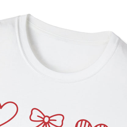 Adorable Red Hearts & Bows Pattern T-Shirt | Sweet Valentine's Day Love Graphic Tee for Women & Girls | Charming Romantic Gift