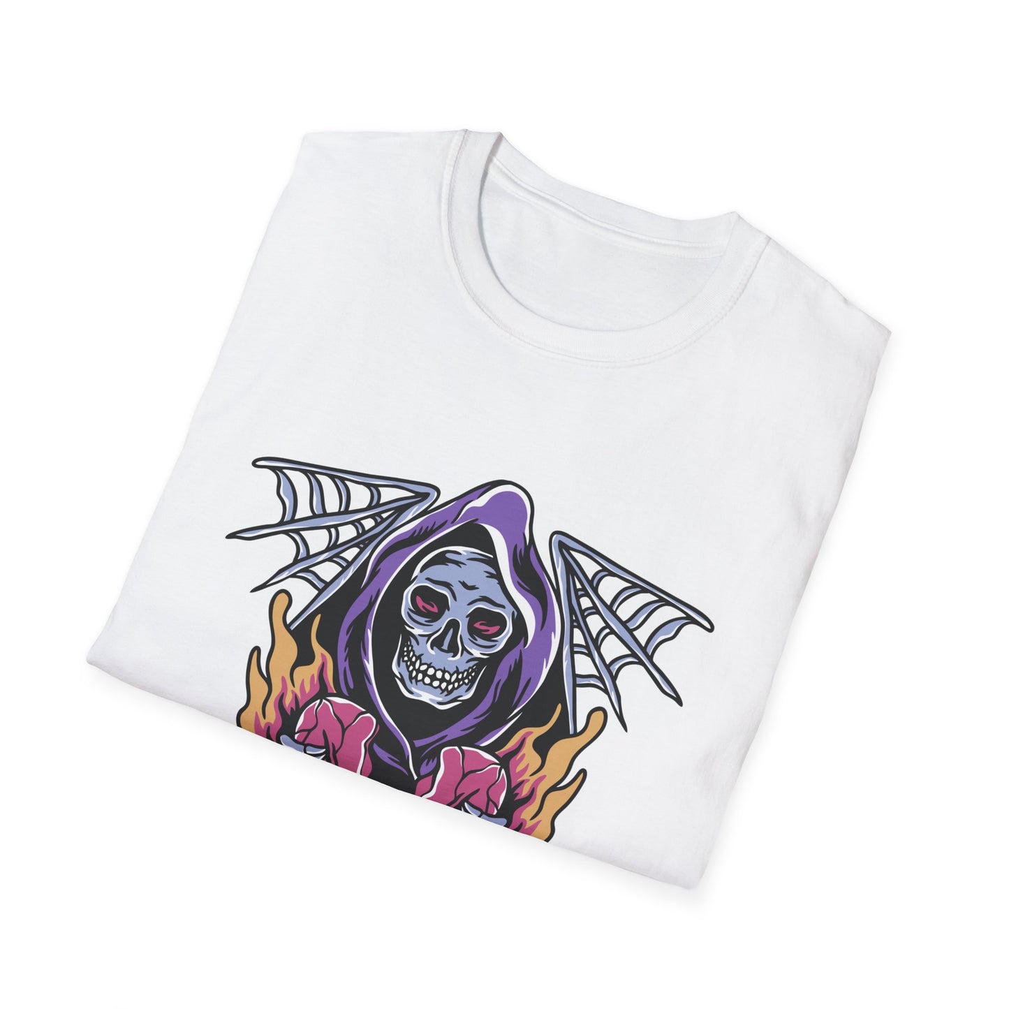 Striking Grim Reaper Broken Heart T-Shirt | Edgy Skull & Flames Tee | Gothic Macabre Streetwear | Bold & Unique Style