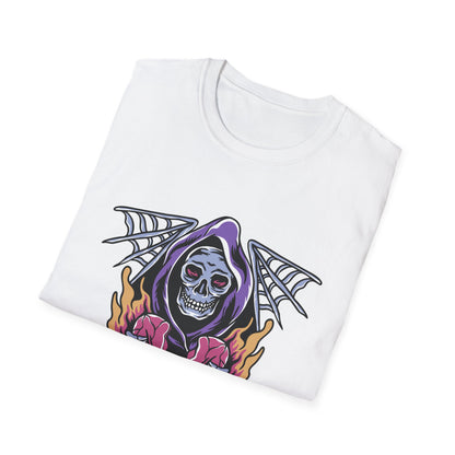 Striking Grim Reaper Broken Heart T-Shirt | Edgy Skull & Flames Tee | Gothic Macabre Streetwear | Bold & Unique Style
