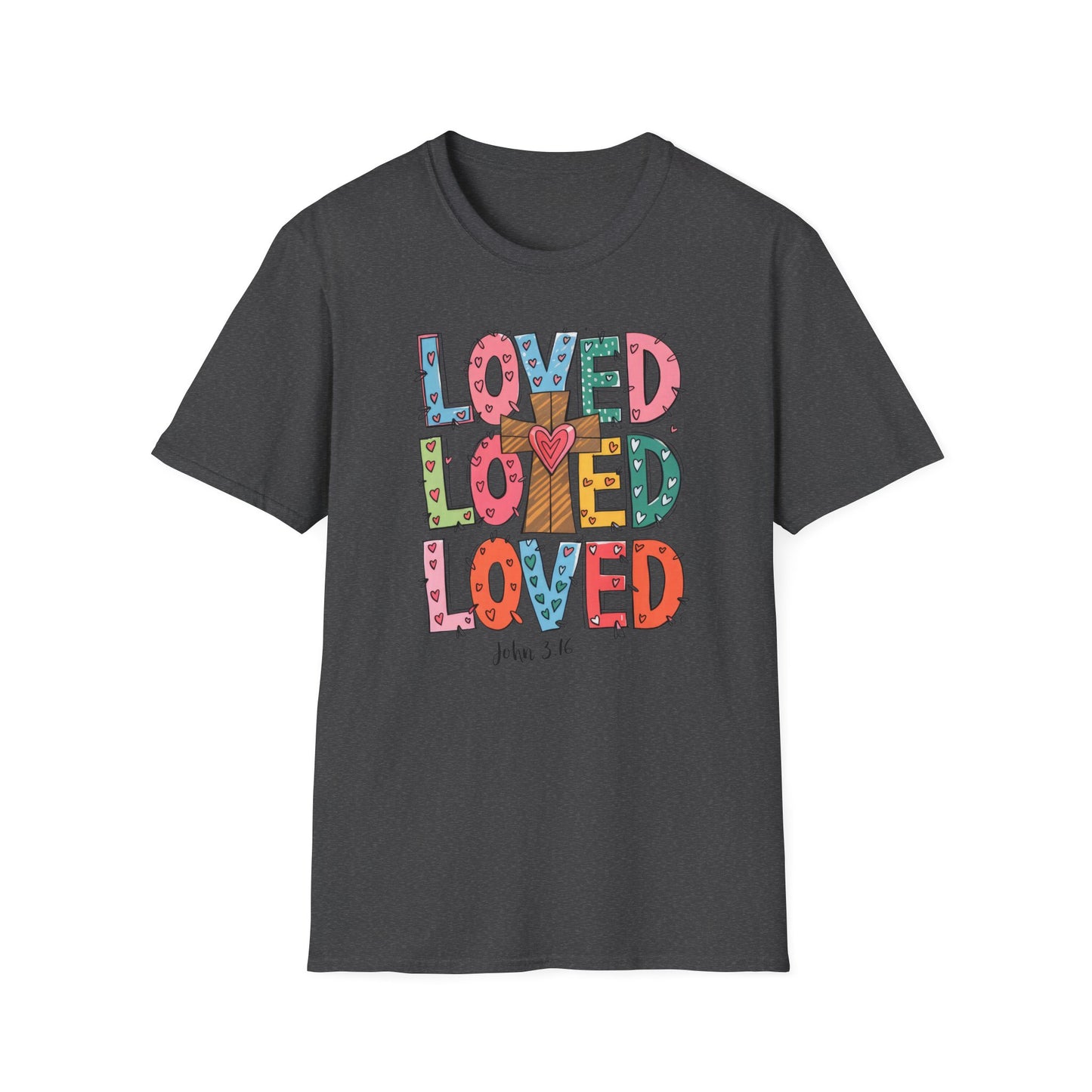 Vibrant Loved John 3:16 T-Shirt | Christian Faith Cross Hearts Tee | Uplifting Scripture Apparel for Women & Believers