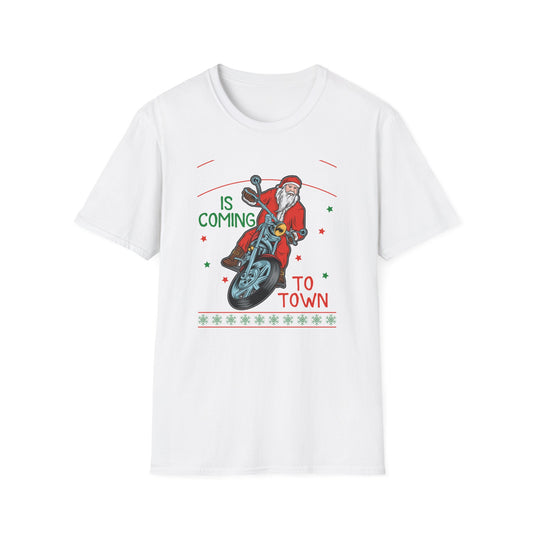Epic Santa Biker T-Shirt - Cool Christmas Motorcycle Tee | Funny Holiday Rider Apparel Gift for Men & Women | 'Santa Is Coming To Town'