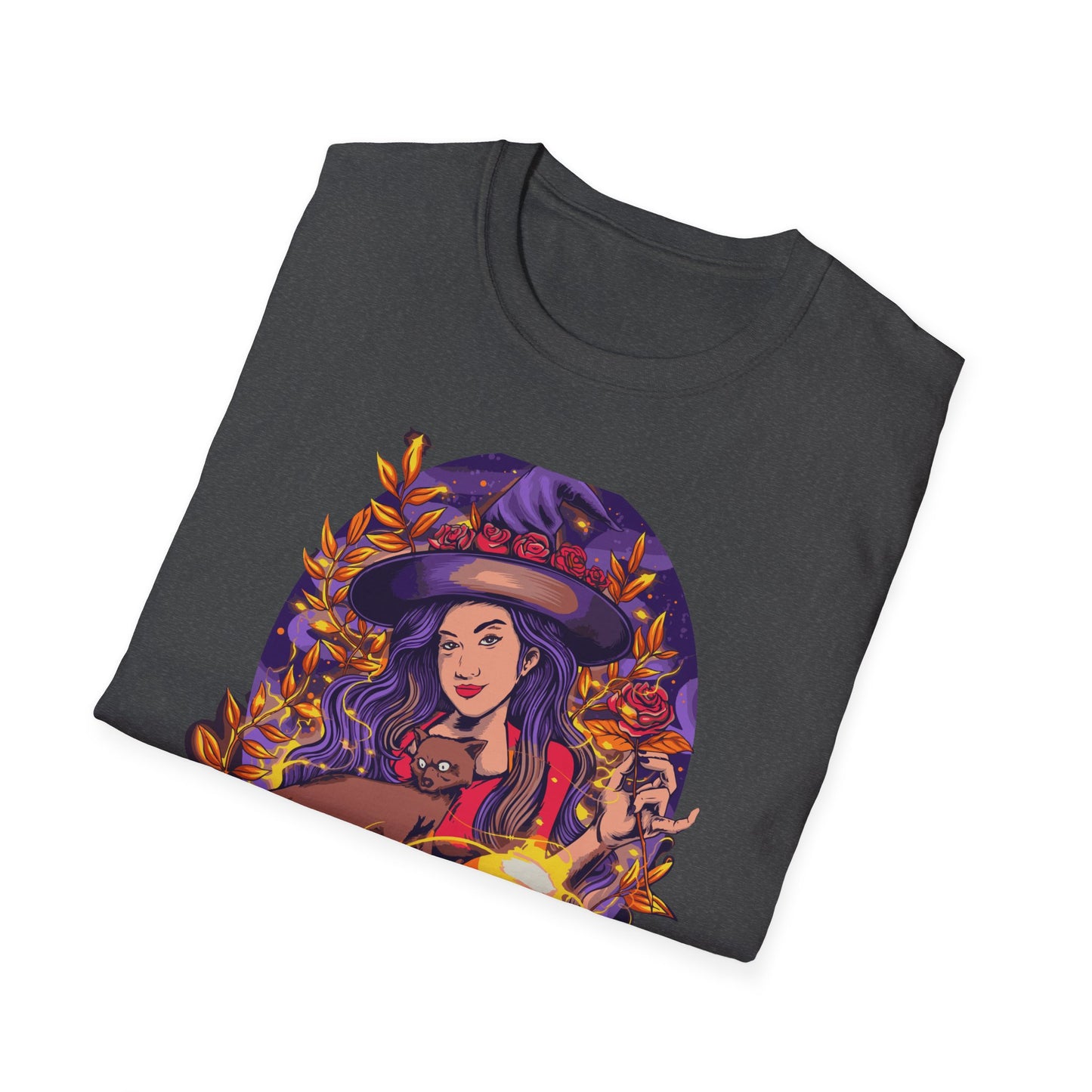 Enchanting Mystical Witch T-Shirt | Women's Fantasy Magic Tee with Cat, Crystal Ball & Roses | Awesome Gift