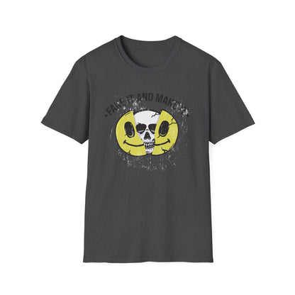Fake It And Make It Skull T-Shirt - Edgy Cracked Smiley Grunge Aesthetic Tee for Bold Style & Motivation
