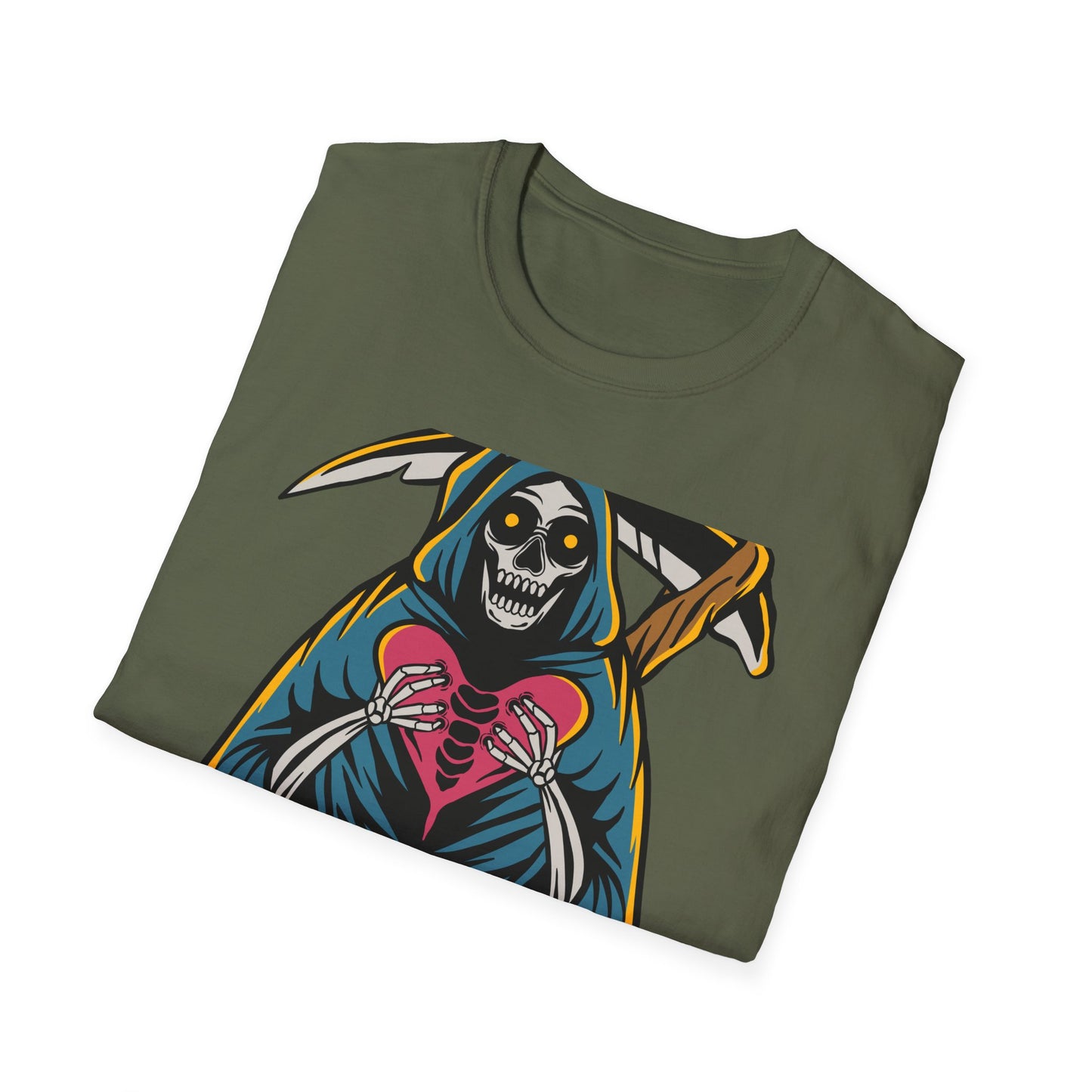 Bold Grim Reaper Heart T-Shirt | Unique Gothic Skeleton Love Tee | Edgy Macabre Statement Apparel