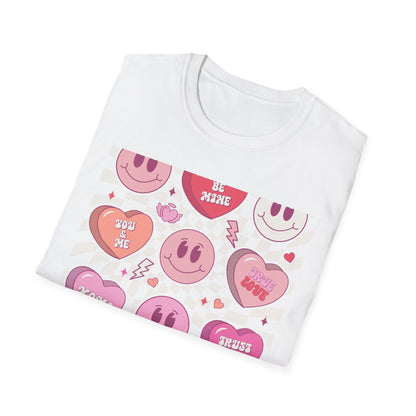 Groovy Retro Valentine's T-Shirt | Adorable Conversation Heart & Smiley Face Design | Trendy Love Core Aesthetic Tee