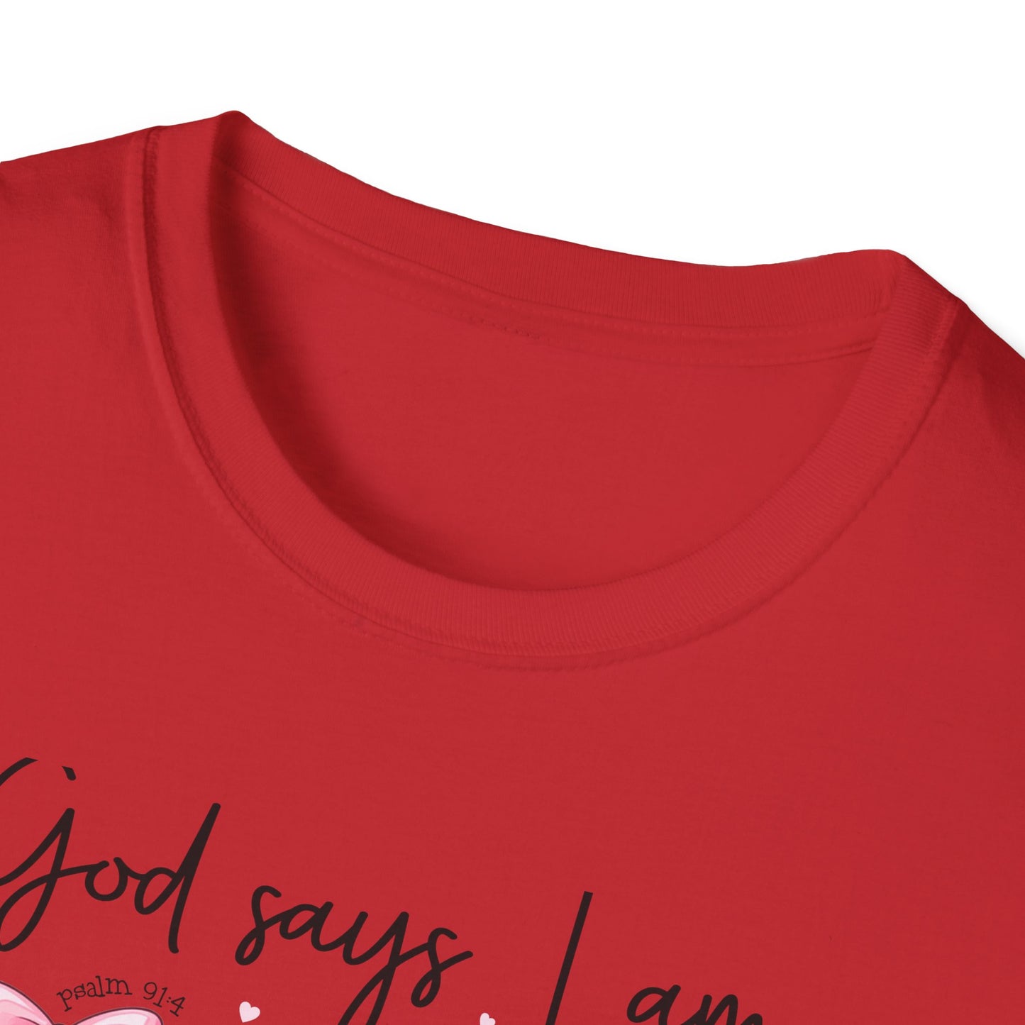 Empowering God Says I Am T-Shirt | Christian Affirmation Pink Bow Tee | Inspiring Bible Verse Faith Apparel for Women & Girls