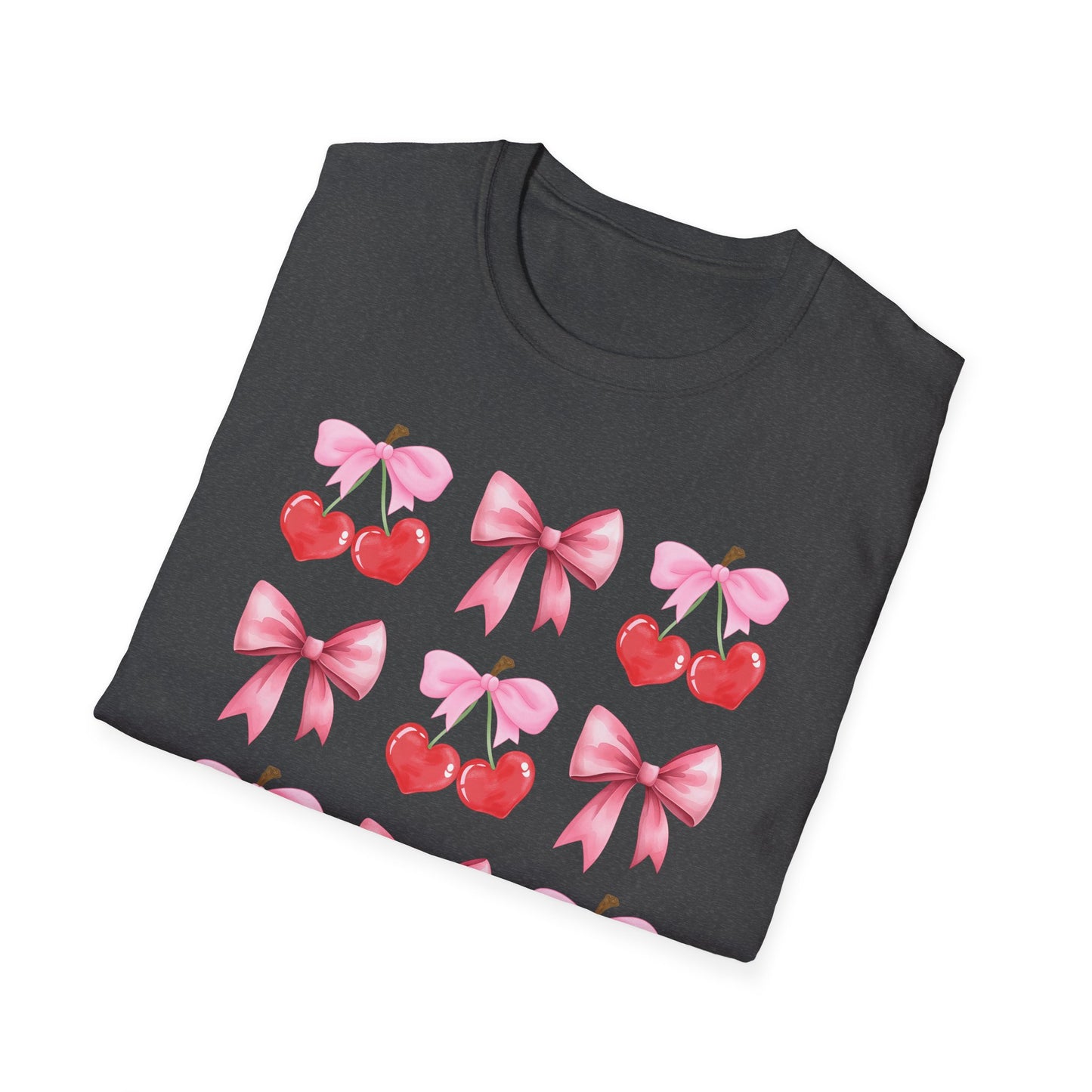 Delightful Pink Bow & Heart Cherry T-Shirt - Adorable Lovecore Aesthetic Tee for Her | Sweet Valentine's Gift