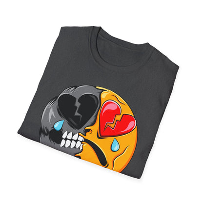 Unique Broken Heart Skull Emoji T-Shirt | Edgy Melted Sad Face Graphic Tee | Expressive Streetwear Statement