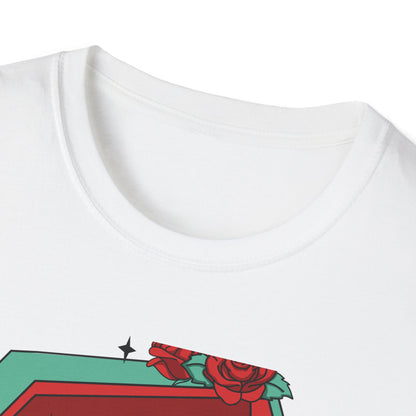 Chill Skeleton in Coffin T-Shirt | Unique Spooky Cute Goth Tee with Red Roses | Ultimate Alternative Style