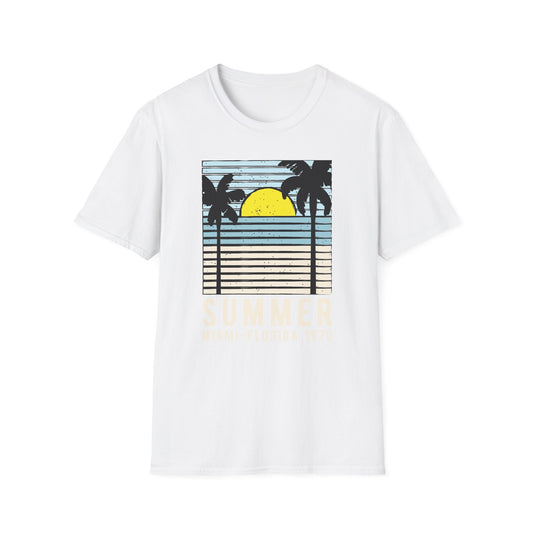 Classic Miami 1970 Florida Summer T-Shirt | Retro Palm Tree Sunset Beach Vacation Tee for Men & Women