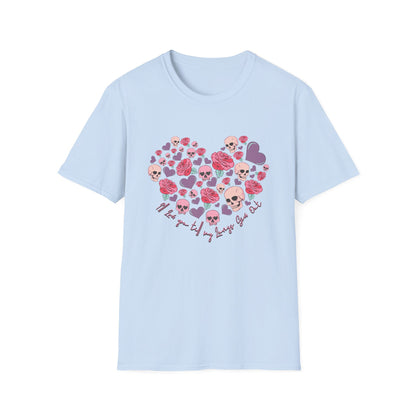 Captivating Goth Skulls & Roses Heart T-Shirt | Edgy 'Love You Till My Lungs Give Out' Tee | Unique Dark Romance Apparel Gift