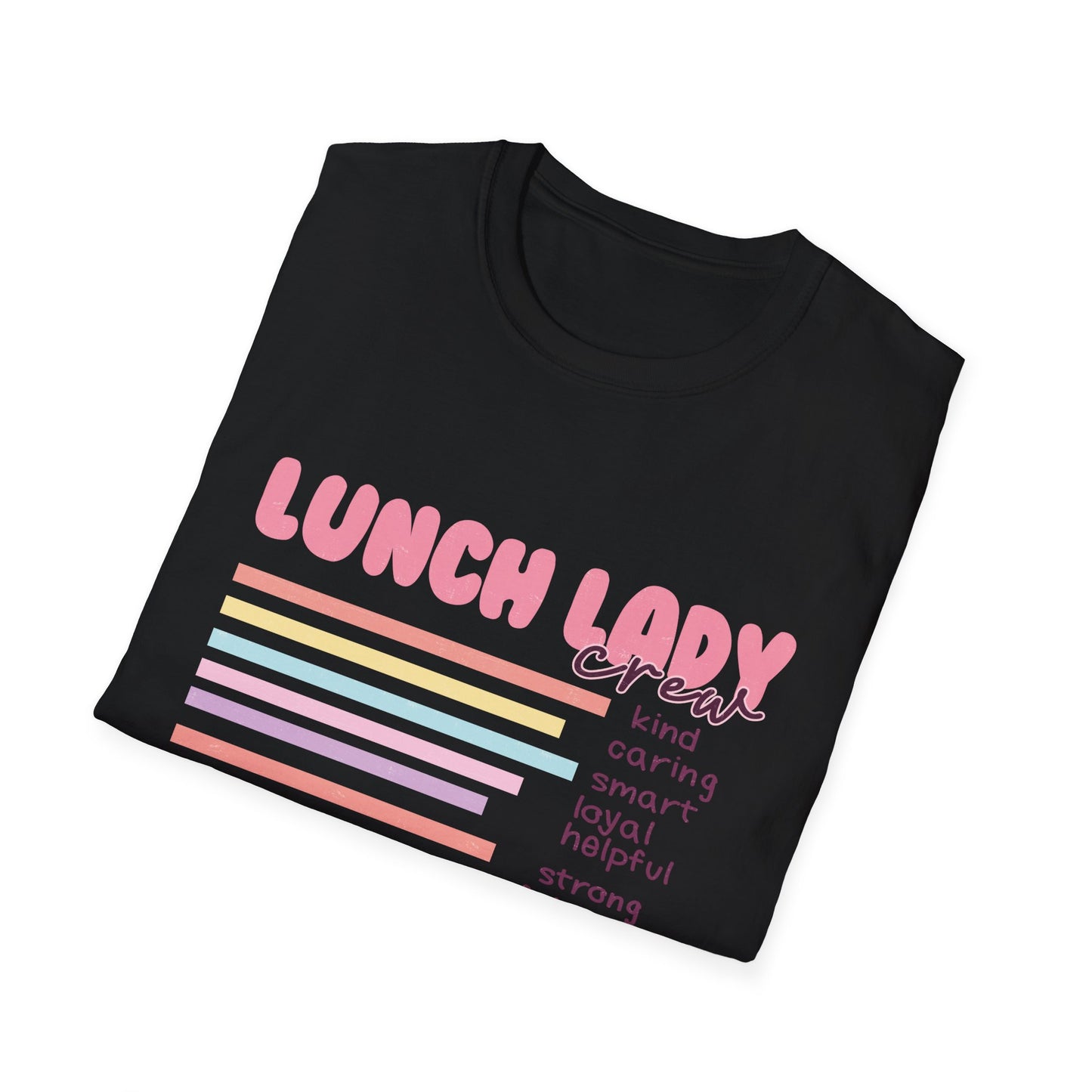 Awesome Lunch Lady Crew T-Shirt - Retro Pastel Stripes & Heartfelt Qualities - Unique School Cafeteria Staff Appreciation Tee
