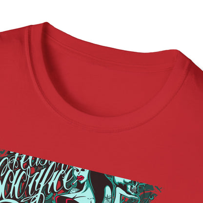 Bold 'Feast of Sacrifice' T-Shirt - Edgy Pin-Up Girl, Flaming Skulls & Tattoo Art for Goth & Alternative Style