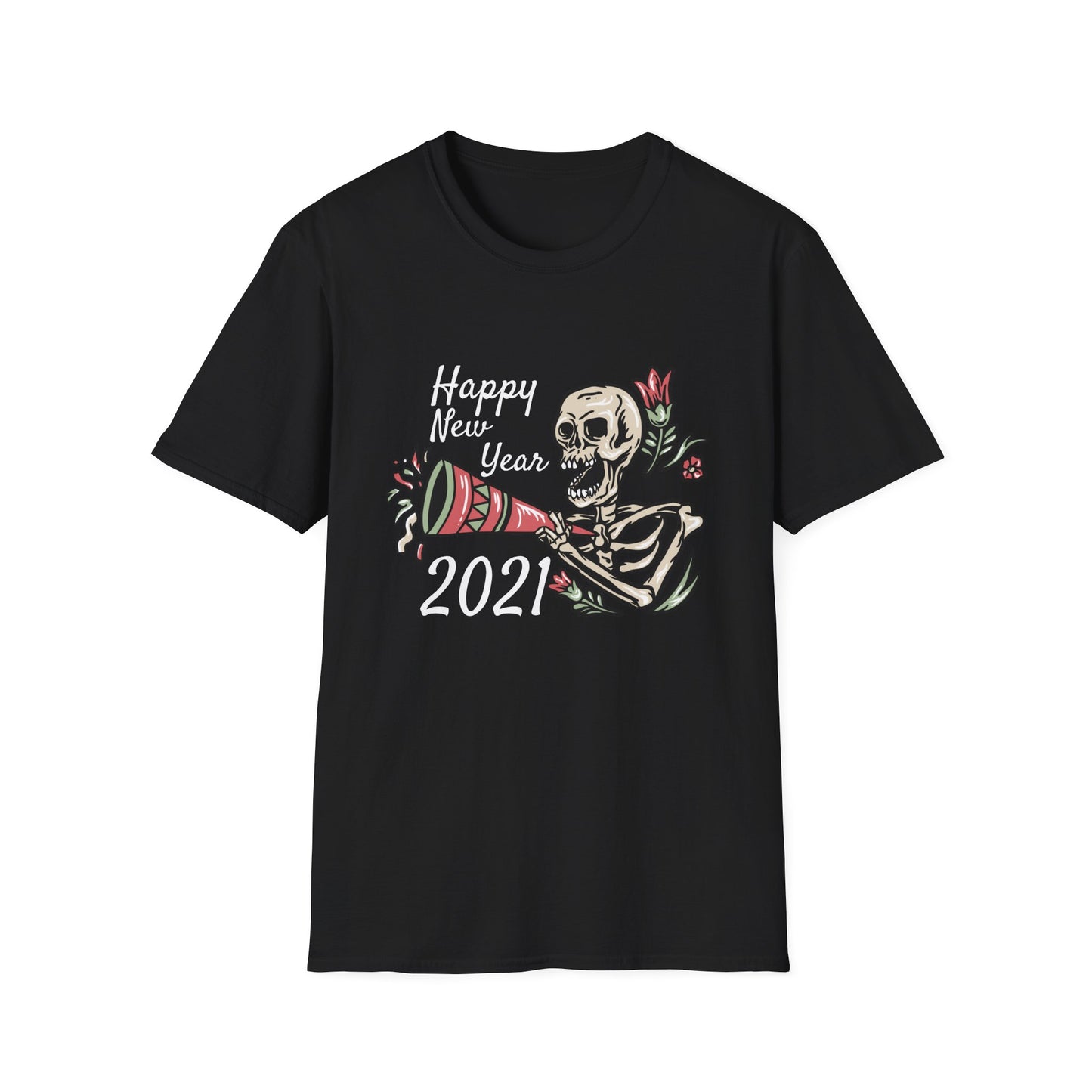 Vibrant Party Skeleton T-Shirt - Fun Quirky Floral Horn Blasting Graphic Tee