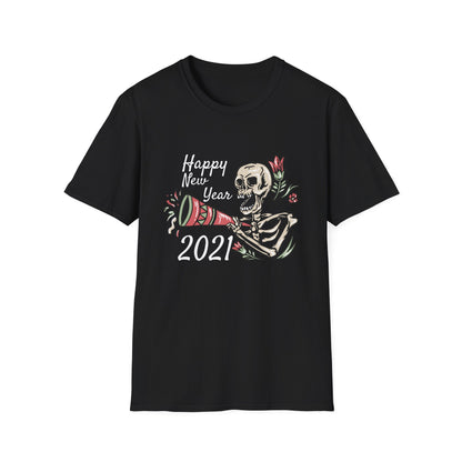 Vibrant Party Skeleton T-Shirt - Fun Quirky Floral Horn Blasting Graphic Tee
