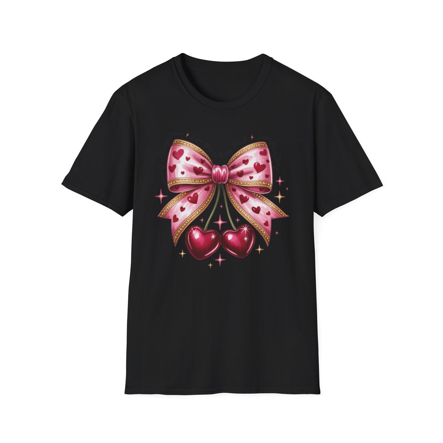 Chic Coquette Cherry Hearts Bow T-Shirt | Adorable Pink Romantic Aesthetic Tee | Sweet Valentine's Day Gift for Her