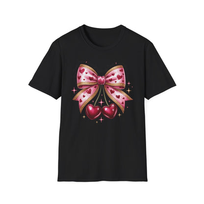 Chic Coquette Cherry Hearts Bow T-Shirt | Adorable Pink Romantic Aesthetic Tee | Sweet Valentine's Day Gift for Her