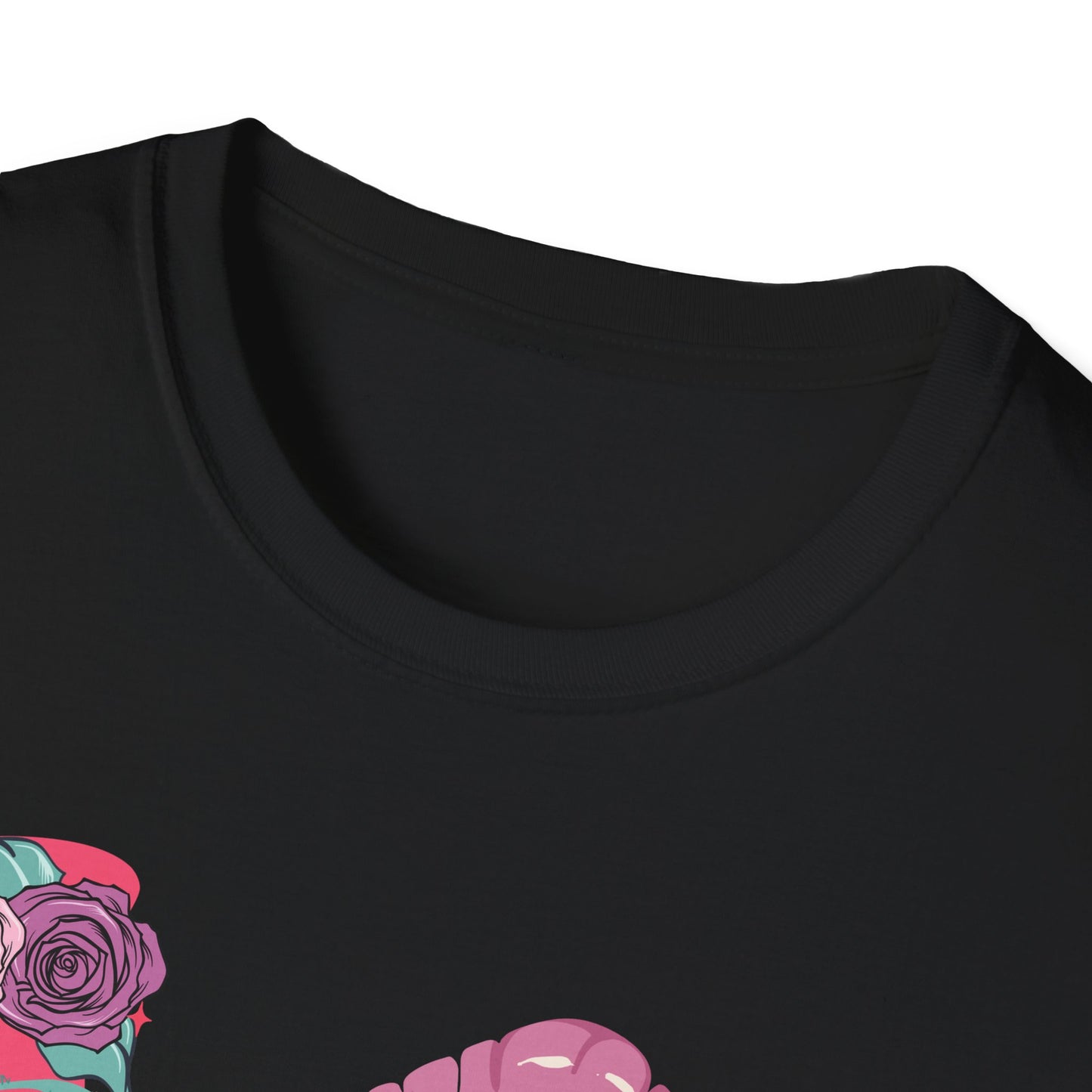 Edgy Pink Grunge T-Shirt: Skull Kiss, Peace Skeleton Hand, Roses & Heart Initial 'E' Design. Trendy Alt Fashion Tee.
