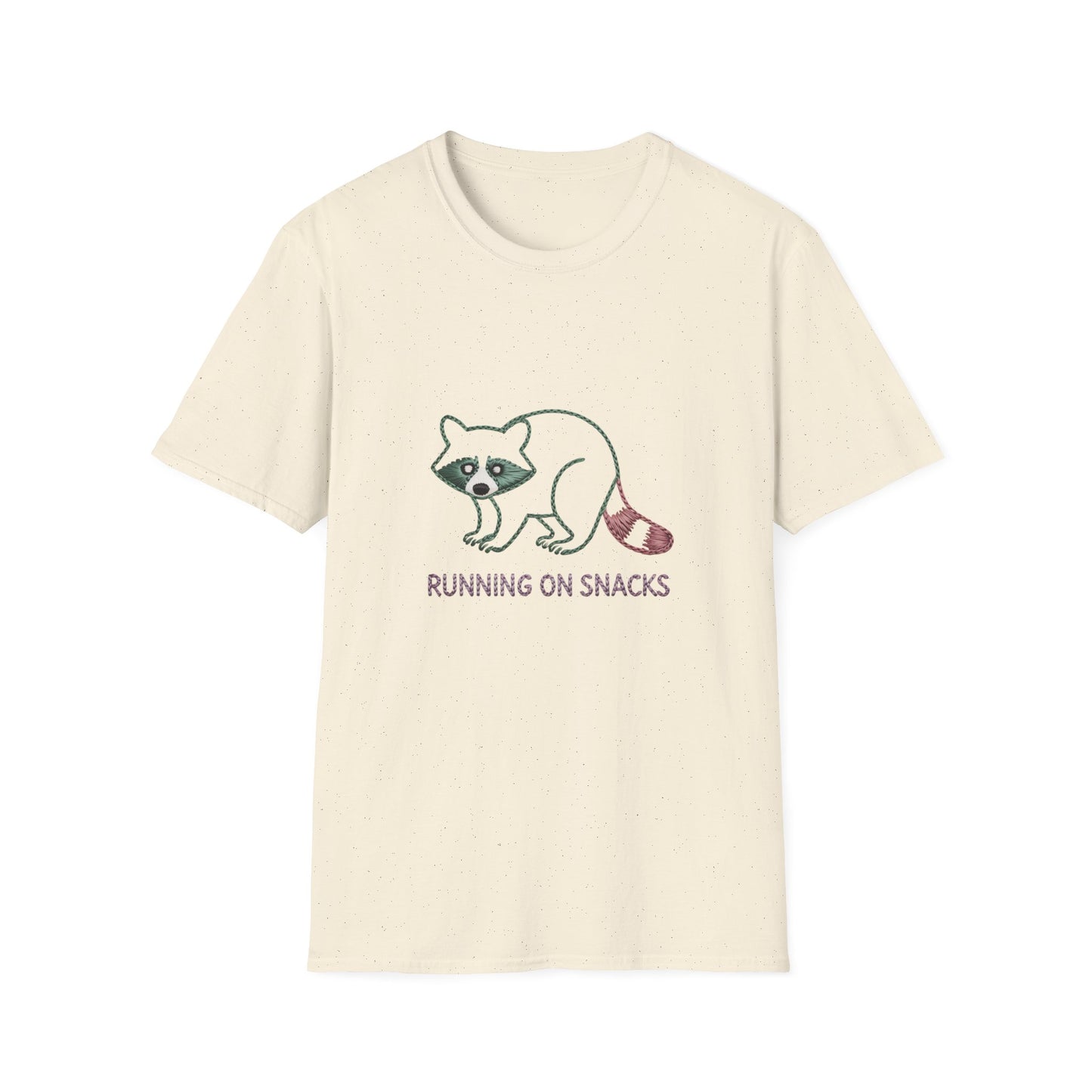 Hilarious Raccoon Running On Snacks T-Shirt | Unique Embroidered Style Animal Lover Tee | Funny Foodie Gift