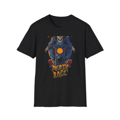 Epic Grim Reaper Biker T-Shirt | 'Death Race' Skeleton Motorcycle Graphic Tee for Bold Riders & Edgy Streetwear Fans