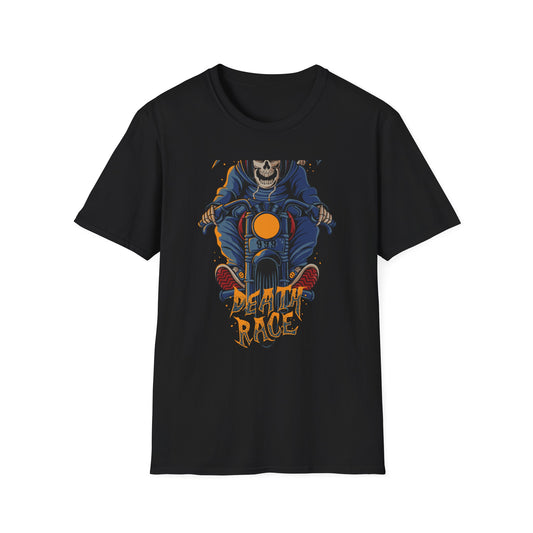 Epic Grim Reaper Biker T-Shirt | 'Death Race' Skeleton Motorcycle Graphic Tee for Bold Riders & Edgy Streetwear Fans