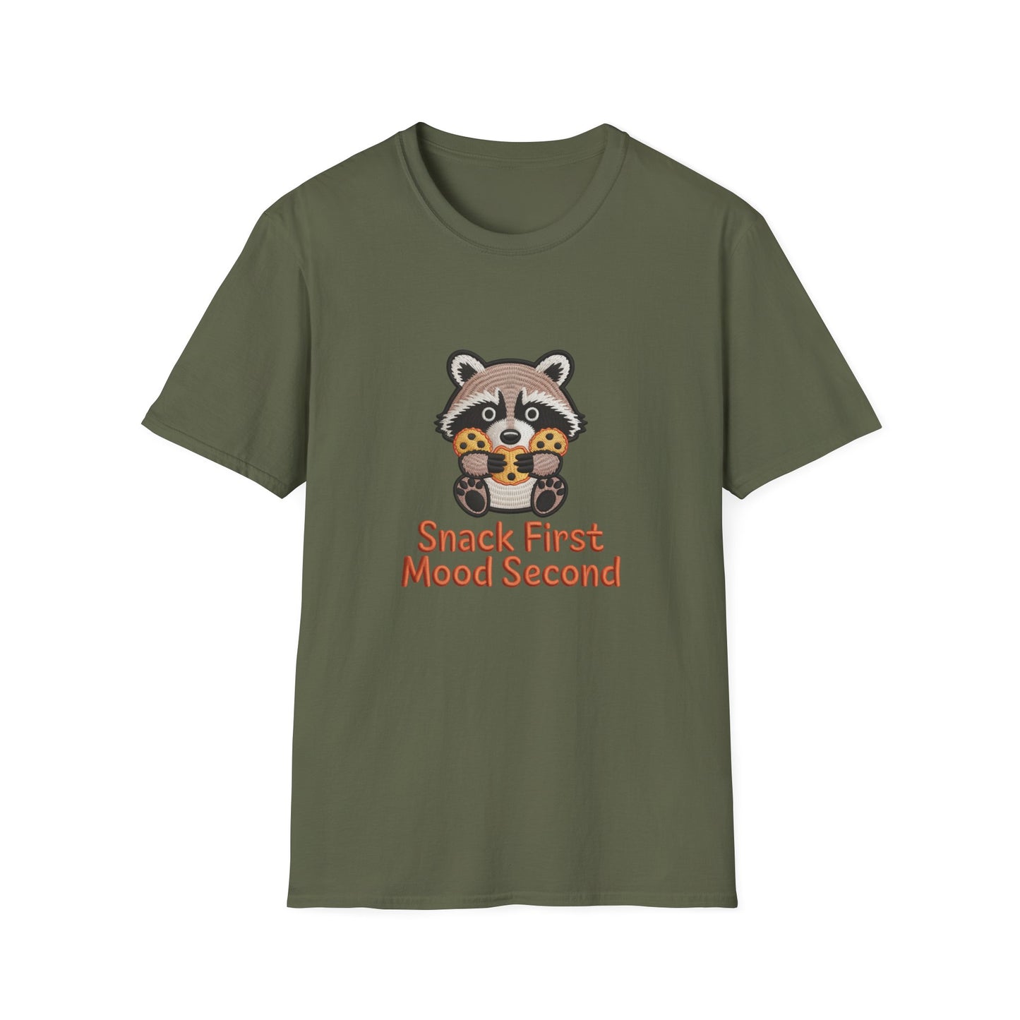 Irresistible "Snack First Mood Second" Raccoon T-Shirt | Cute Foodie Comfort Tee & Funny Gift