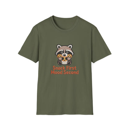 Irresistible "Snack First Mood Second" Raccoon T-Shirt | Cute Foodie Comfort Tee & Funny Gift