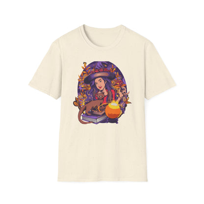 Enchanting Mystical Witch T-Shirt | Women's Fantasy Magic Tee with Cat, Crystal Ball & Roses | Awesome Gift