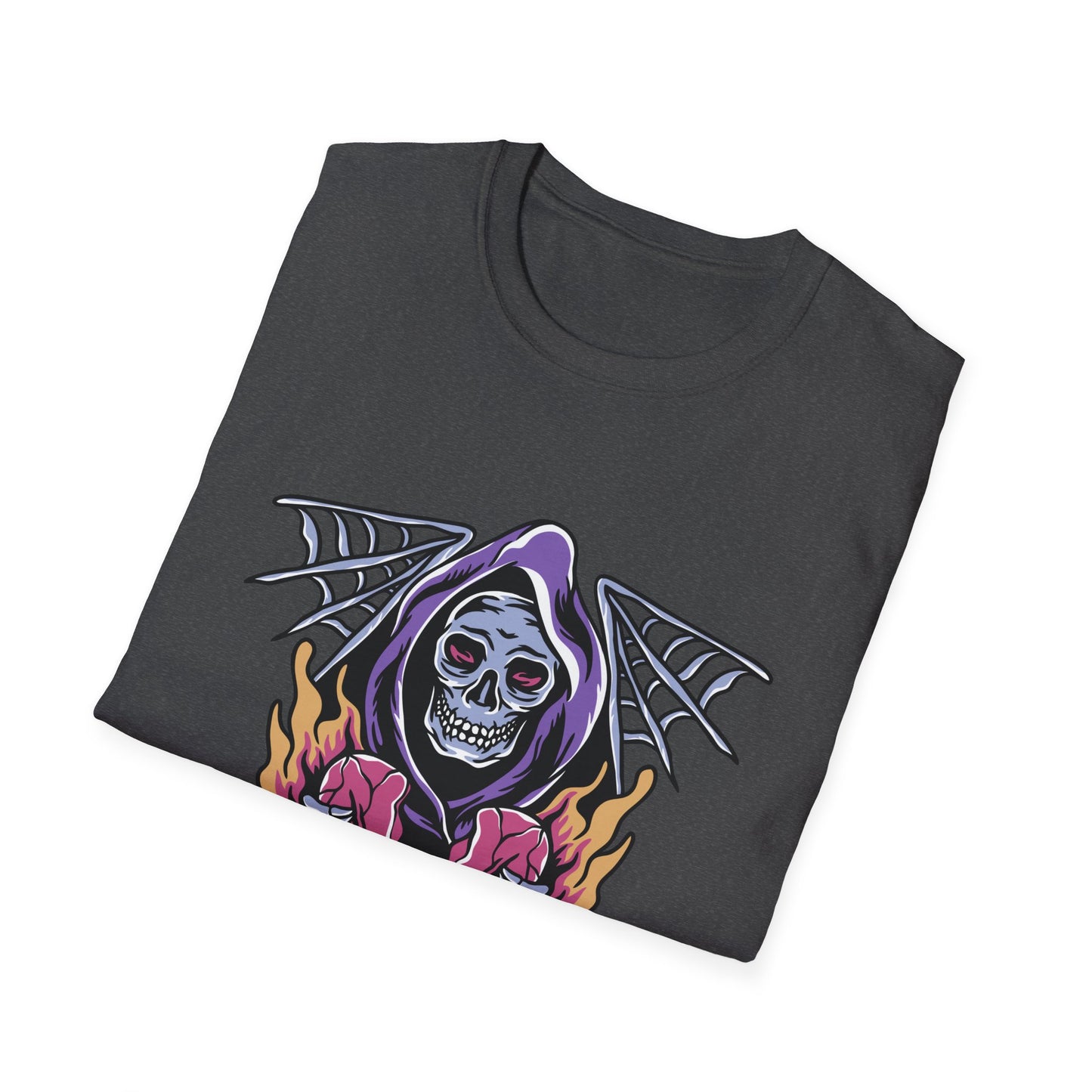 Striking Grim Reaper Broken Heart T-Shirt | Edgy Skull & Flames Tee | Gothic Macabre Streetwear | Bold & Unique Style