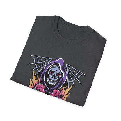 Striking Grim Reaper Broken Heart T-Shirt | Edgy Skull & Flames Tee | Gothic Macabre Streetwear | Bold & Unique Style