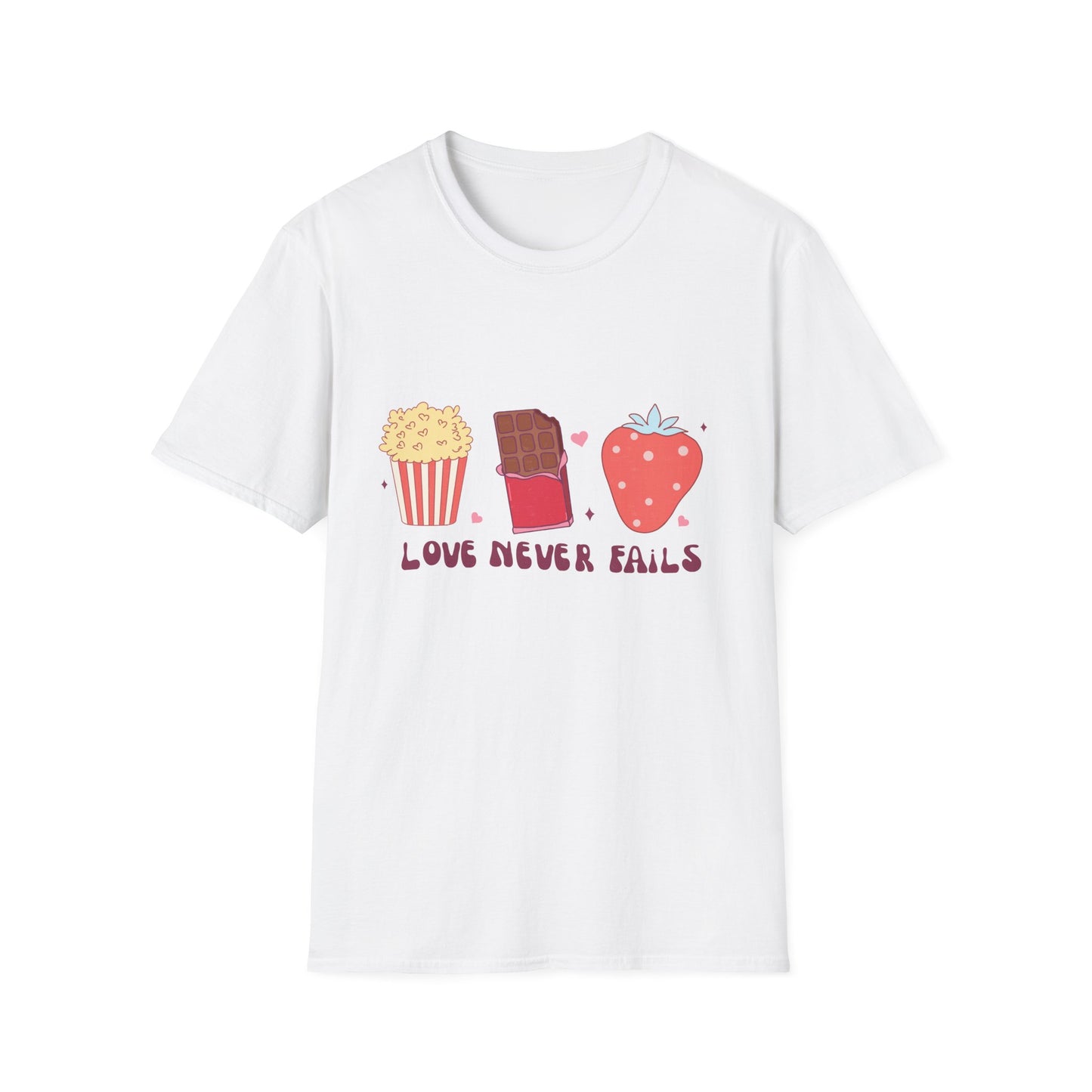 Delicious Retro Love Never Fails T-Shirt - Popcorn, Chocolate, Strawberry Snack Tee for Foodies & Romantics