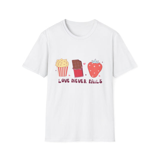 Delicious Retro Love Never Fails T-Shirt - Popcorn, Chocolate, Strawberry Snack Tee for Foodies & Romantics