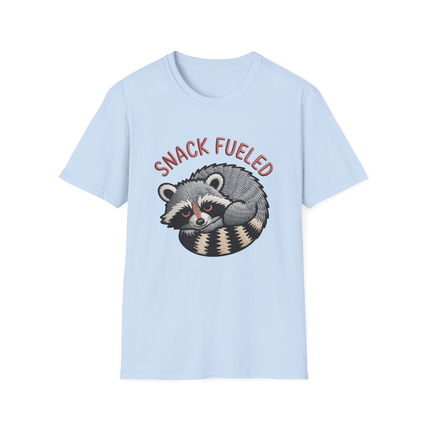 Adorable "Snack Fueled" Raccoon T-Shirt | Funny Embroidered Wildlife Tee for Animal Lovers | Cute & Cozy Gift